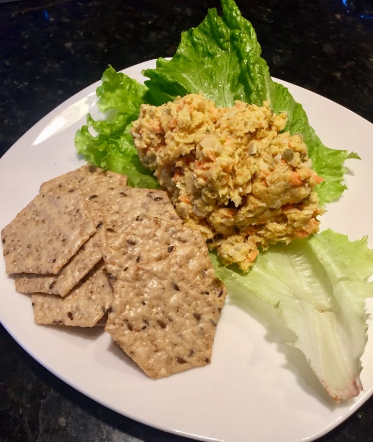 Chickpea Salad on romaine with gluten free crackers