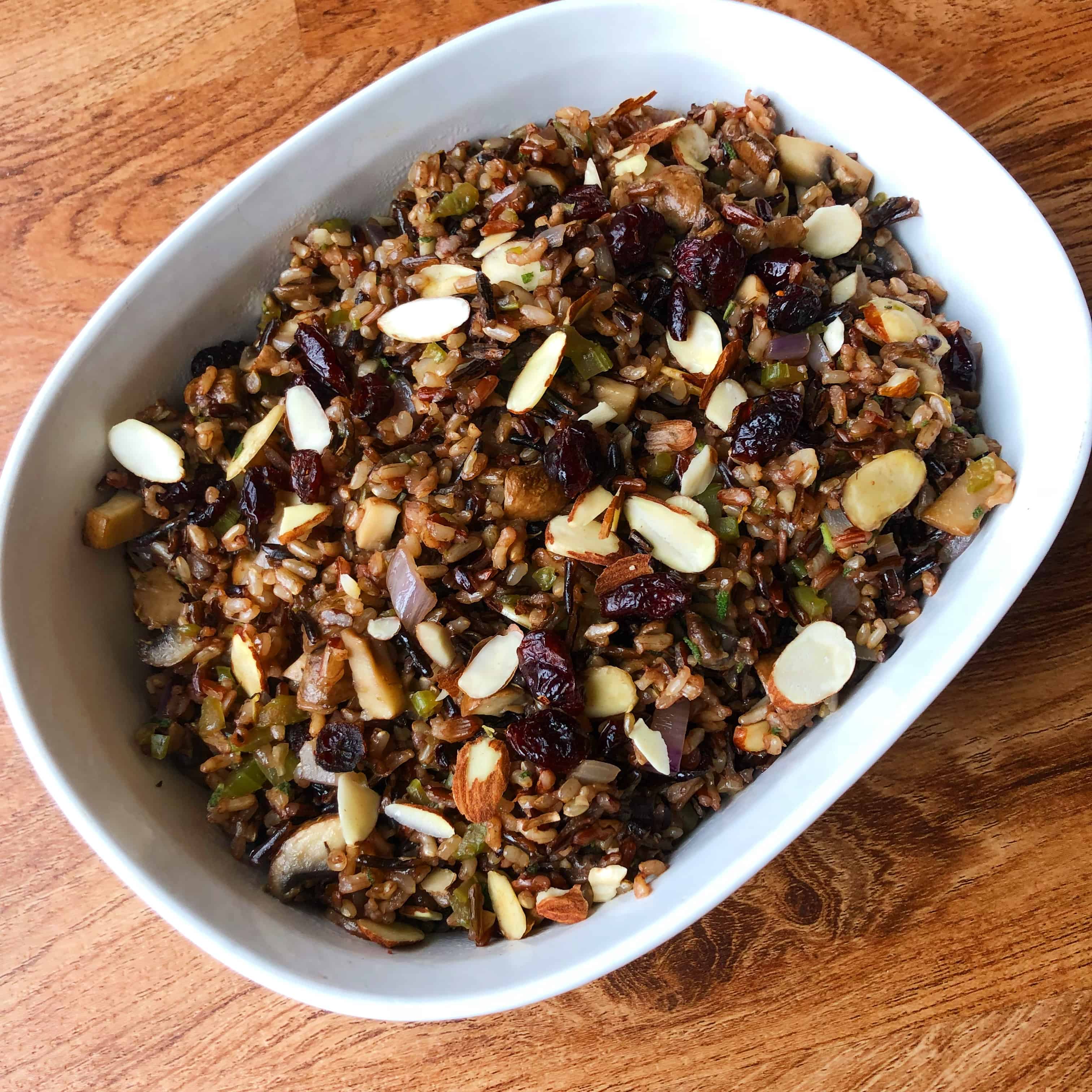 Gluten Free Wild Rice Stuffing with Mushrooms, Celery, Almonds and Cranberries