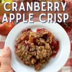 Cranberry apple crisp in a bowl with the dish of the rest of the crisp in the background with two apples and a bowl of cranberries on top of a red and white gingham napkin. Text reads "Vegan + GF" in white fancy lettering and "CRANBERRY APPLE CRISP" in white block lettering.