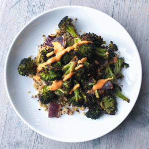 Roasted Broccoli Quinoa Red Pepper Sauce