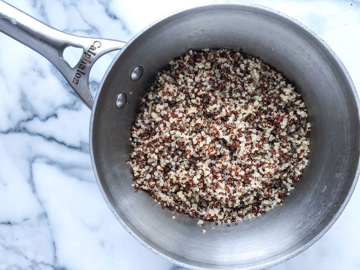 Cooked quinoa in a pan