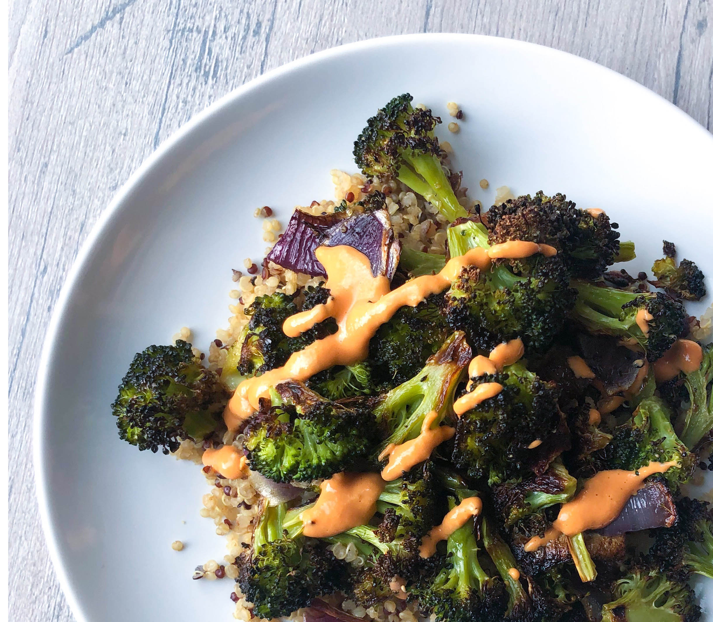 Roasted Broccoli Quinoa Red Pepper Sauce