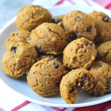 Plate of gluten-free, vegan pumpkin cookies with chocolate chips on a plate.
