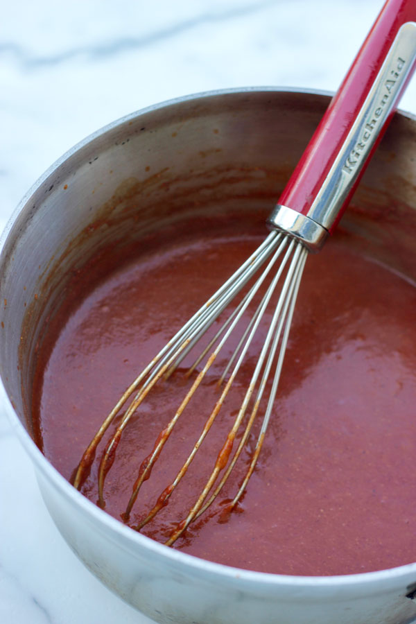 vegan Enchilada sauce in pan.