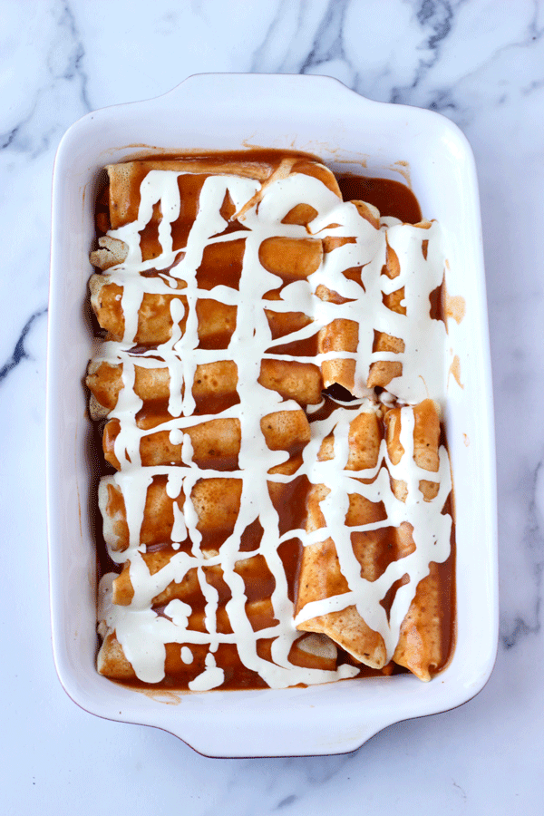 Black Bean Sweet Potato Enchiladas in Pan.