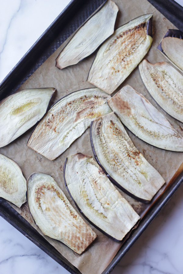 Eggplant slices on sheet pan