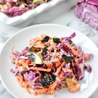Vegan Asian Slaw with creamy ginger dressing on a plate.