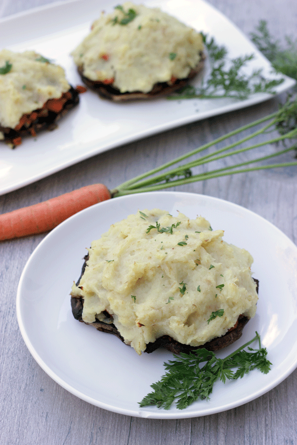 Portobello shepherd's pie on a white plate