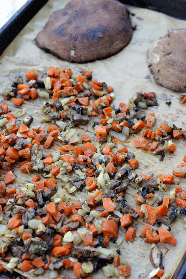 Roasted mushrooms and carrots on sheet pan