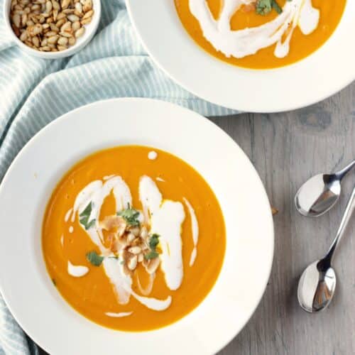 Butternut squash soup with a swirl of coconut cream.