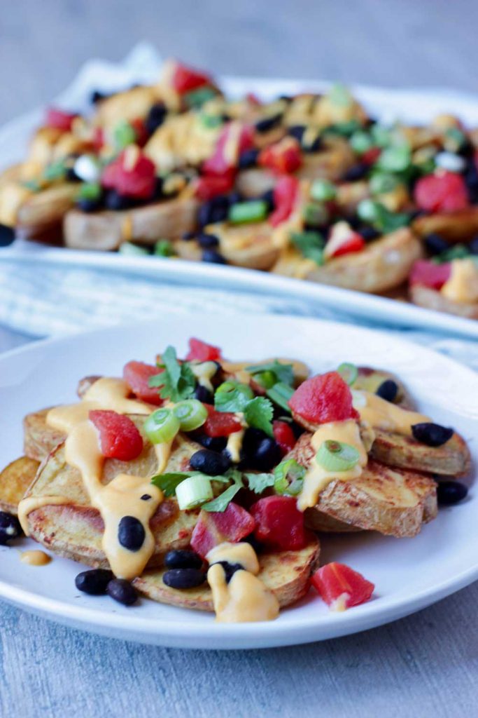 Vegan Potato Nachos on a white plate