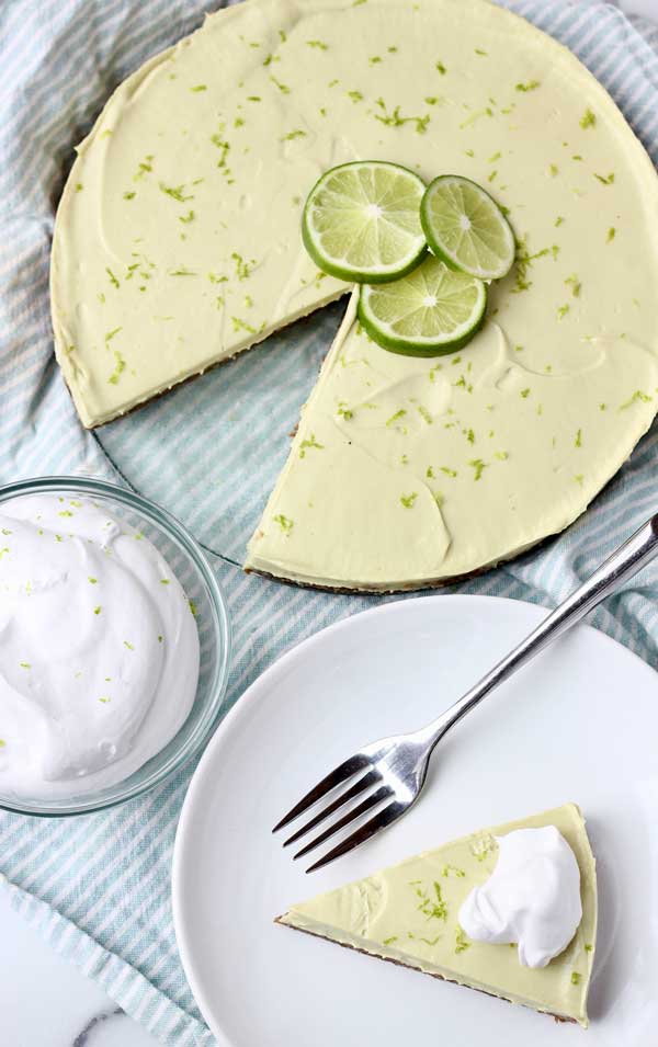 Avocado Key Lime Pie slice on white plate