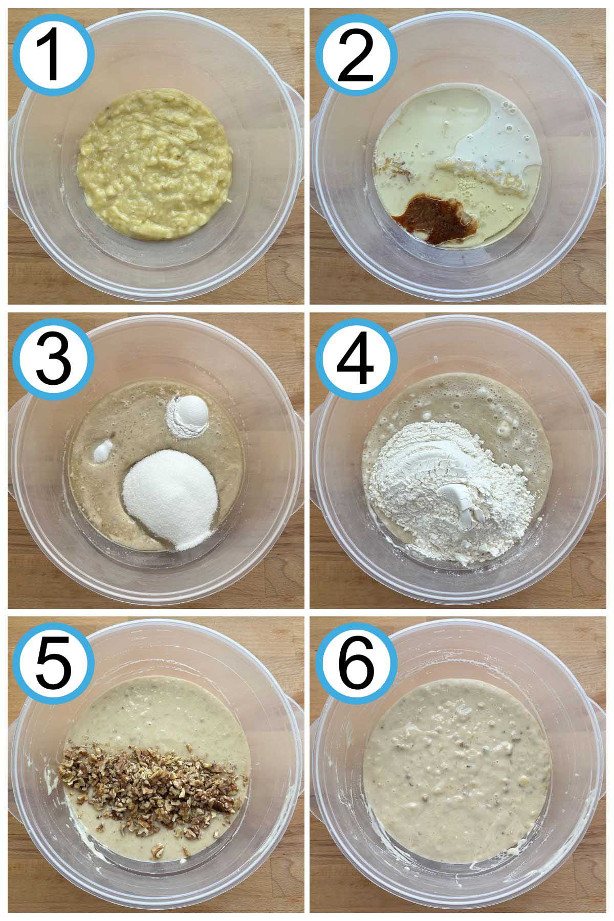 Step by step photograph instructions of making the banana muffin batter. Step 1 shows banana mash. Step 2 shows all wet ingredients. Step 3 shows wet ingredients with sugar, baking powder, and salt. Step 4 shows batter with flour. Step 5 shows batter with walnuts. Step 6 is the completed batter.