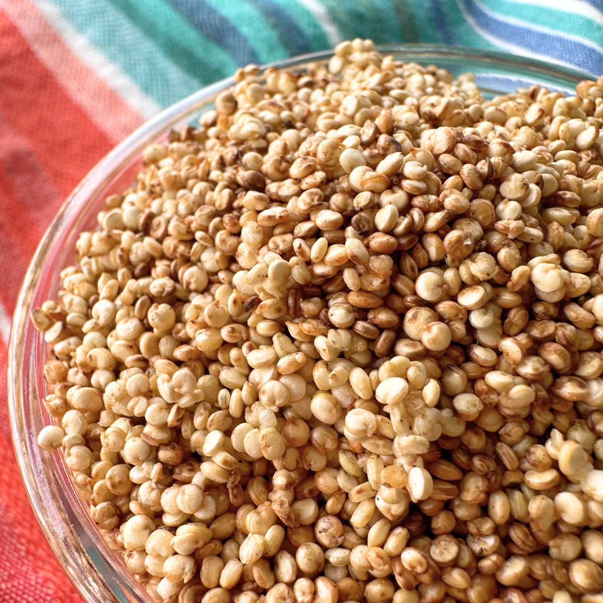 Close up of popped quinoa in a glass bowl. Toasted quinoa looks golden brown and slightly puffed out. The bowl of quinoa is on top of a orange, red, and blue cloth napkin.