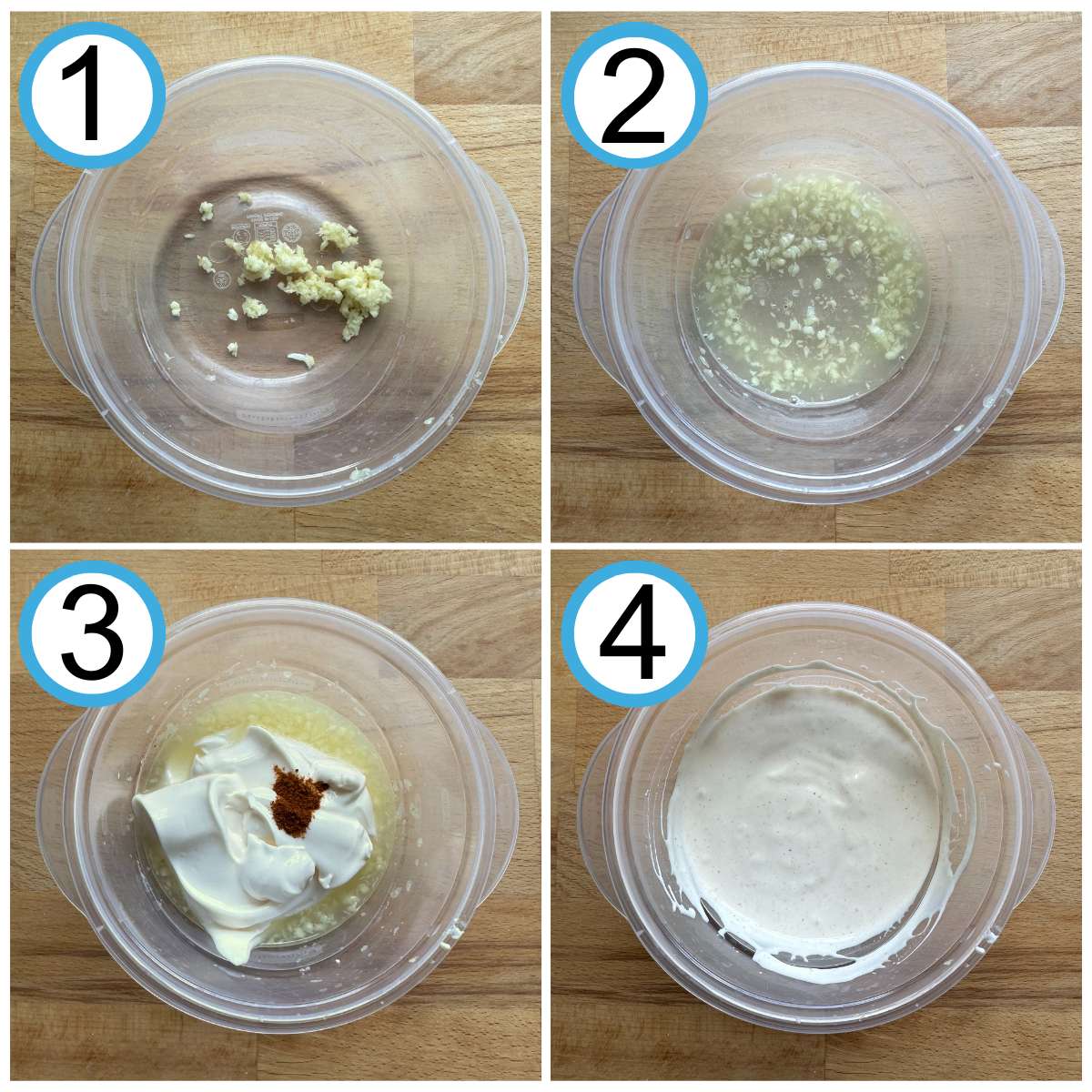 Step by step instructions for making aioli numbered 1 through 4. Photo 1 shows minced garlic in bowl. Photo 2 shows lemon juice added to garlic. Photo 3 shows mayo and paprika added. Photo4 shows all ingredients mixed to create aioli.