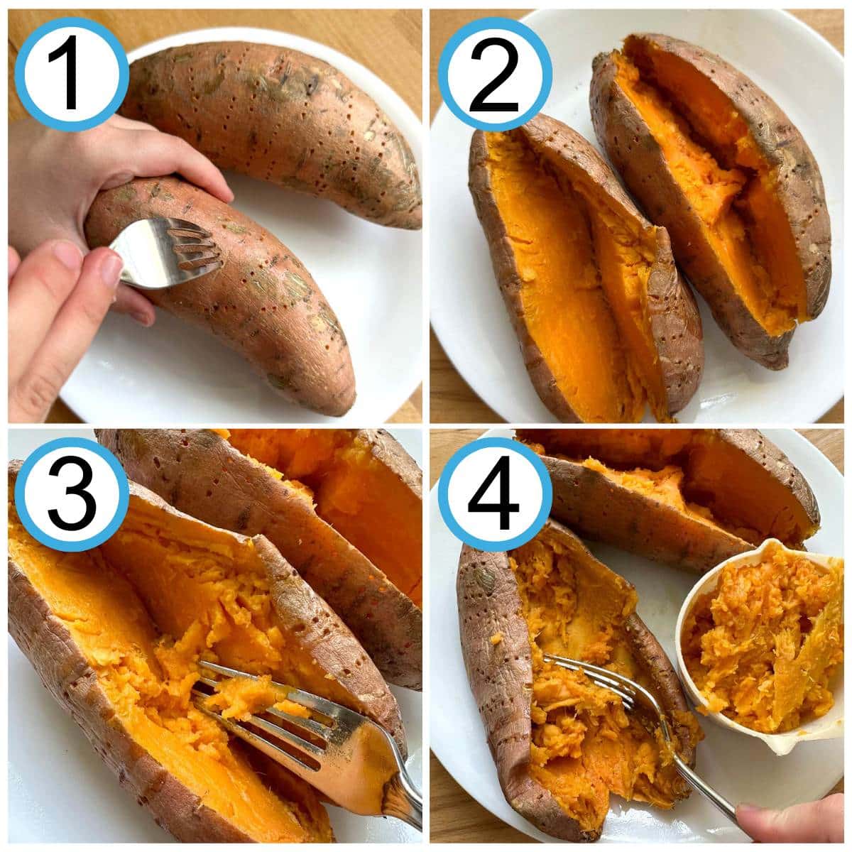 Step by step instructions for making your own sweet potato puree. Step 1 shows sweet potato being poked with a fork. Step 2 shows cooked sweet potatoes sliced open. Step 3 shows mashing of cooked sweet potato. Step 4 shows measuring the sweet potato mash.