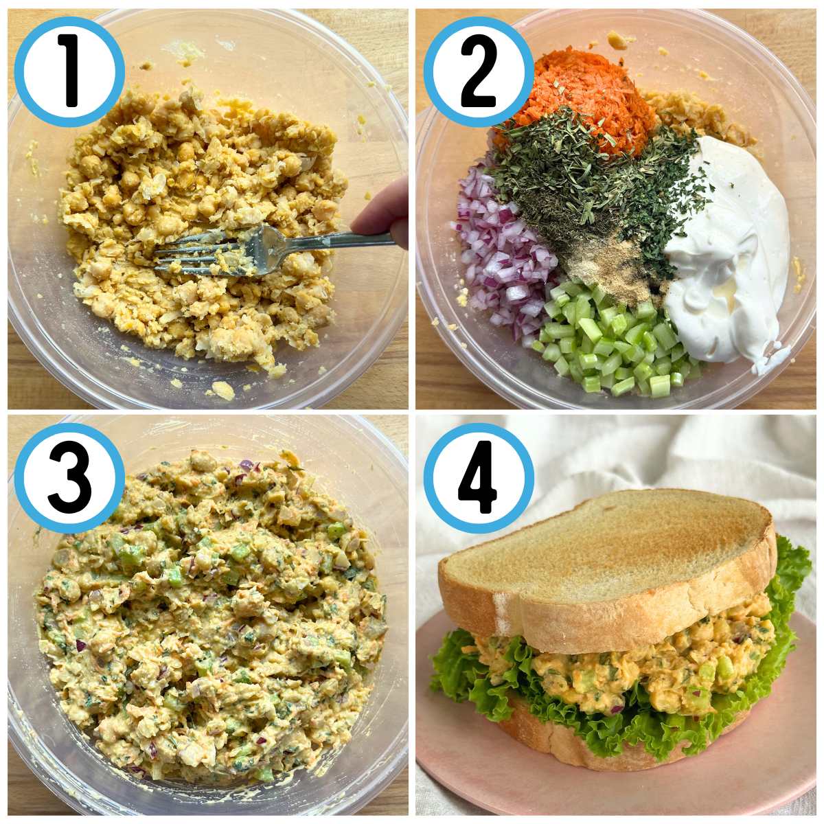 Step by step picture directions for how to make chickpea chicken salad. Step 1 shows mashing chickpeas with a fork in a bowl. Step 2 shows adding all the ingredients to the mashed chickpeas. Step 3 shows the chickpea chicken salad mixture completely combined. Step 4 shows the chickpea chicken salad on a toasted with sandwich with lettuce on top of a pink plate.