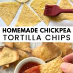 Brushing chickpea chips with olive oil and holding a chickpea chip dipped into salsa.