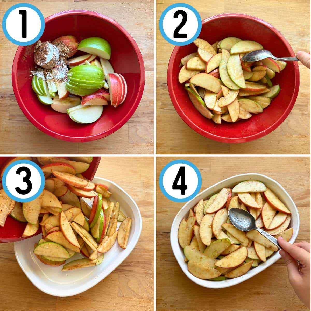 Step by step guide to making the apple filling. Step 1: Place all apple filling ingredients in a bowl. Step 2: Mix until thoroughly combined. Step 3: Place filling into a baking dish. Step 4: Spread  into an even layer with a spoon.