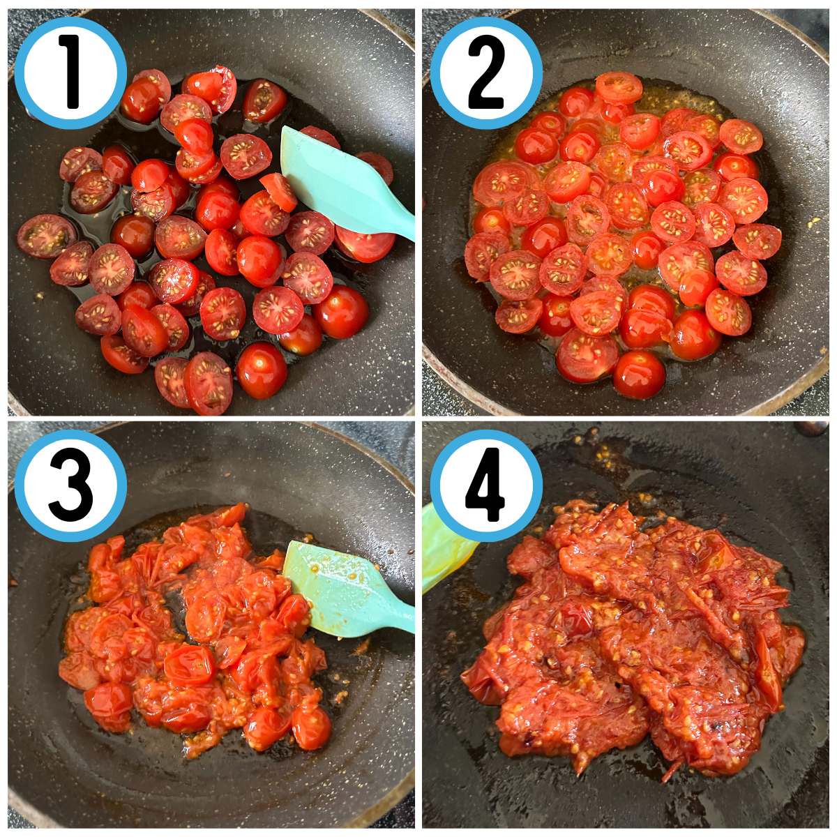 Step by step directions for making jammy tomato confit. Step 1: Cook sliced tomatoes over medium high heat in olive oil. Step 2: Continue cooking, the oil should start to bubble. Step 3: Use a spatula to help break the tomatoes down. Step 4: After 10 minutes of cooking and stirring, the tomatoes should become a jam-like paste.