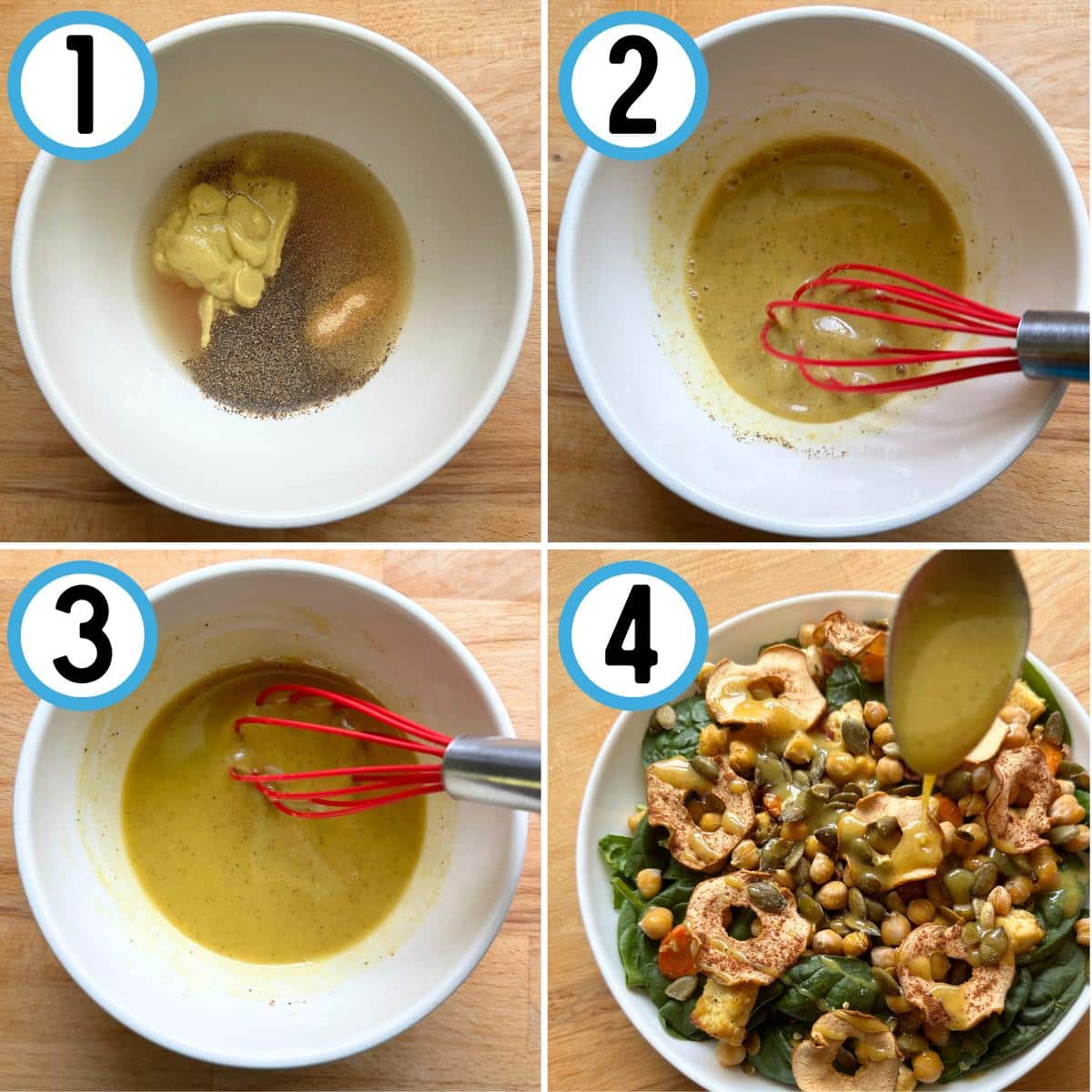 Step by step directions for making maple Dijon dressing. 1. Place all ingredients except for olive oil in a bowl. 2. Mix until combined. 3. Whisk in olive oil to emulsify. 4. Drizzle over a salad.