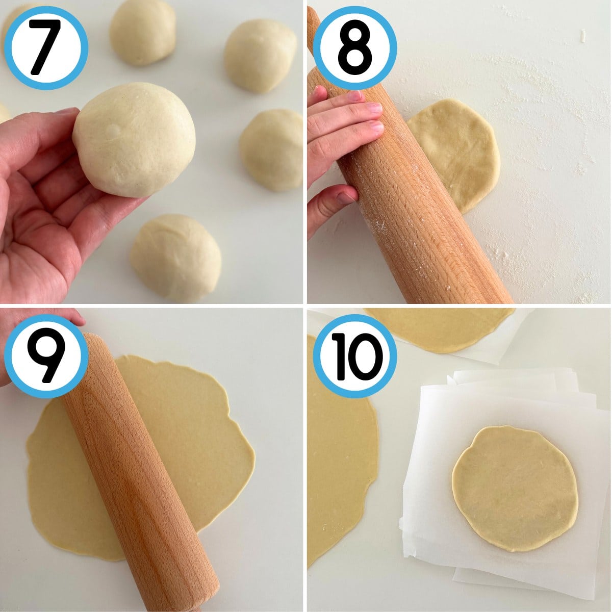 Continued directions of making tortillas: 7. Dough balls divided into smaller portions. 8. Roll dough with a rolling pin. 9. Continue to roll dough until it is thin. 10. Roll all dough balls and stack with parchment paper.