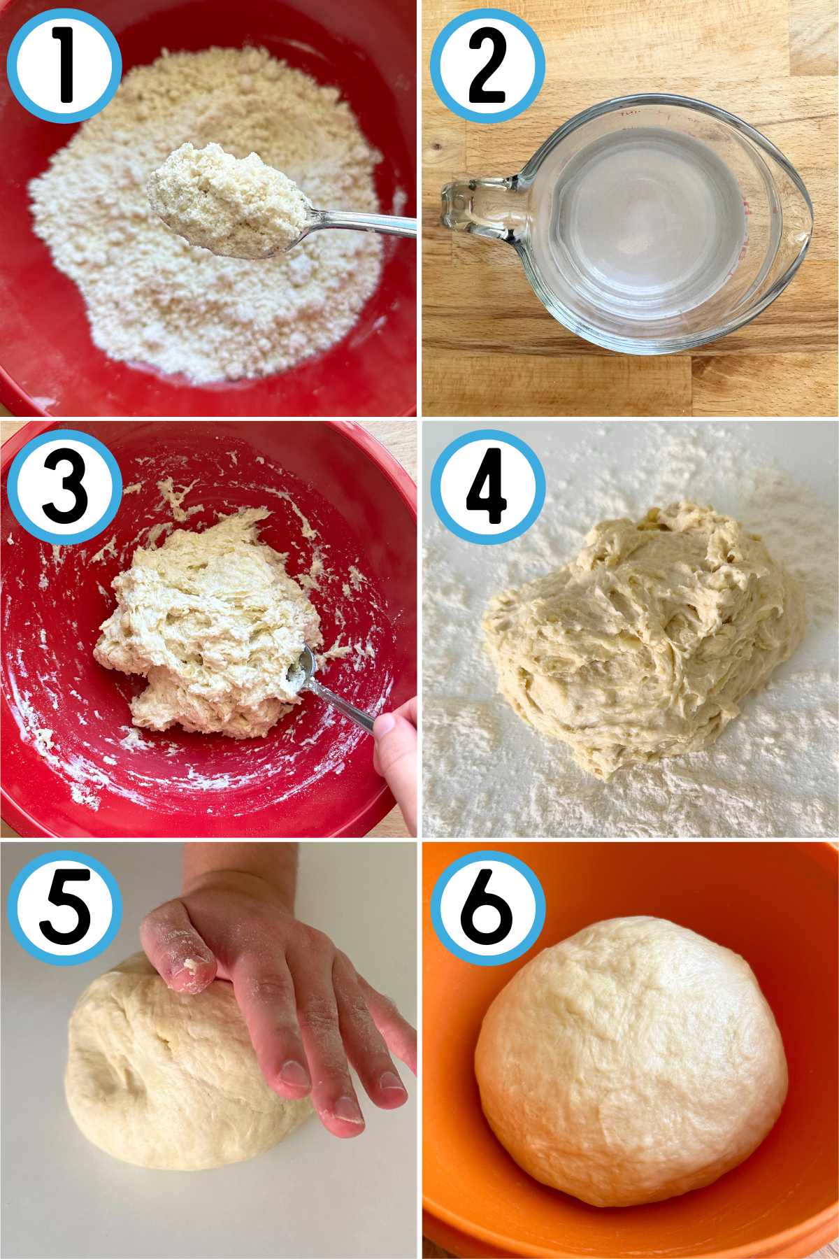 Step by step directions for making tortilla dough: 1. Crumbly mixture of flour and oil. 2. Salt dissolved in water. 3. Rough dough form. 4. Dough placed on a floured surface. 5. Hand kneading the dough into a ball. 6. Smooth dough ball resting in a bowl.