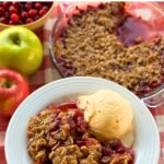 Bowl of cranberry apple crisp with a scoop of vegan vanilla ice cream, more crisp is in the background with apples and cranberries.