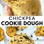 Chickpea cookie dough dip in a jar and in a bowl with lots of chocolate chip and pretzels on the side.