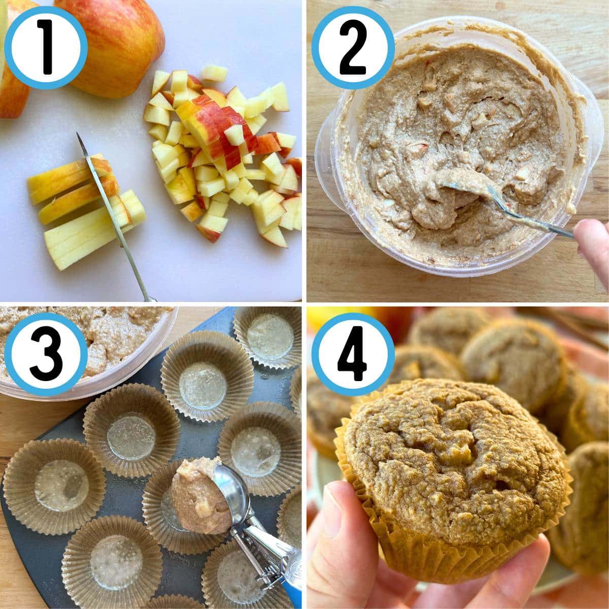 Step by step guide to making apple muffins. 1. Chop apples into small chunks. 2. Mix batter. 3. Scoop batter into muffin tin. 3. Bake until golden brown.