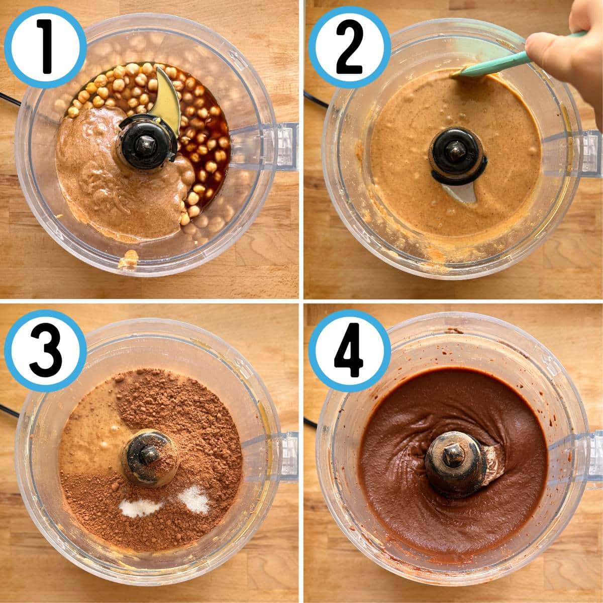 Step by step directions for making brownie batter hummus in a food processor. 1. Place all wet ingredients in a food processor. 2. Blend until smooth batter forms. 3. Add dry ingredients. 4. Blend until brownie batter is formed.