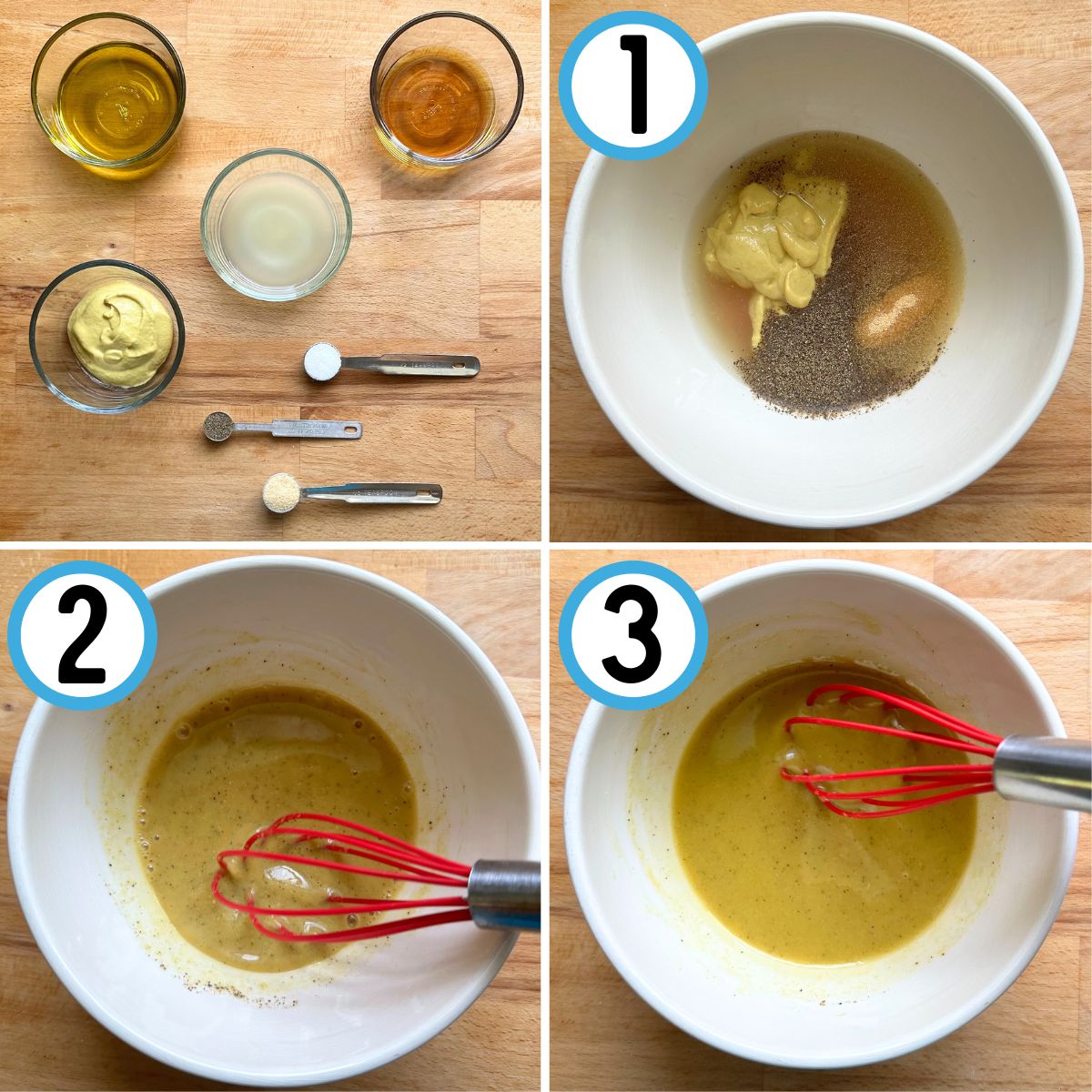 Step by step guide to making maple Dijon vinaigrette. Photo 1: Lay out ingredients. Step 1: Place all ingredients except oil in a bowl. Step 2: Mix. Step 3: Add oil and mix again until dressing is emulsified. 