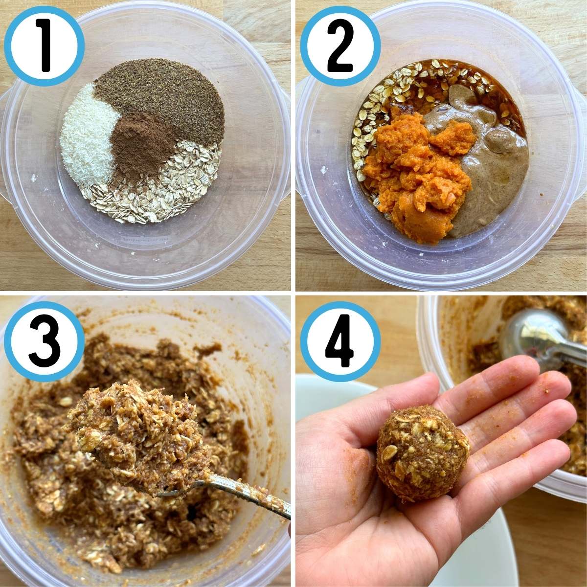 Step by step guide to making pumpkin protein balls. 1. Add dry ingredients to a bowl and mix. 2. Add remaining ingredients. 3. Mix to form the dough mixture. 4. Roll into tablespoon sized balls.