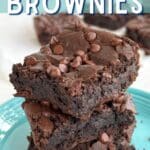 Stack of 3 vegan chickpea brownies on a blue plate. Text reads "Vegan Chickpea" in cursive and "BROWNIES" and "ALTERNATIVEDISH.COM" in bold block lettering.