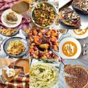 Collage of gluten-free, vegan Thanksgiving recipes including gravy, salad, stuffed squash, mac and cheese, roasted carrots, soup, sweet potato pie, mashed cauliflower, and pecan pie.