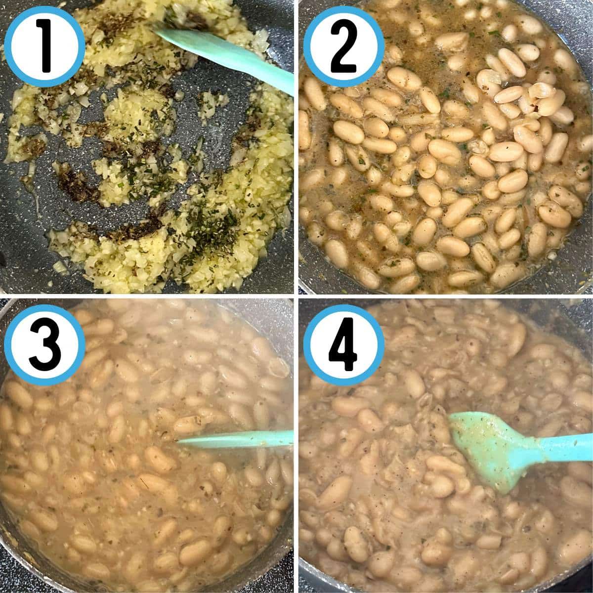 Step by step guide to braising white beans. 1. Sauté onion, garlic, and herbs. 2. Add broth and beans. 3. Cook and stir frequently. 4. Continue cooking until liquid is absorbed and beans are creamy. 