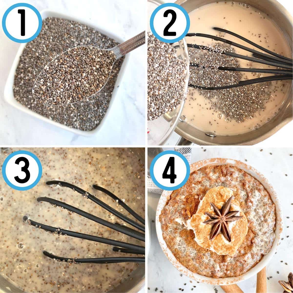 Step by step guide to making chai chia pudding. 1. Start with good chia seeds. 2. Mix chia seeds with chia concentrate and milk in a saucepan. 3. Continue to mix until combined. 4. Serve chilled in a bowl with a dollop of whipped cream and enjoy.