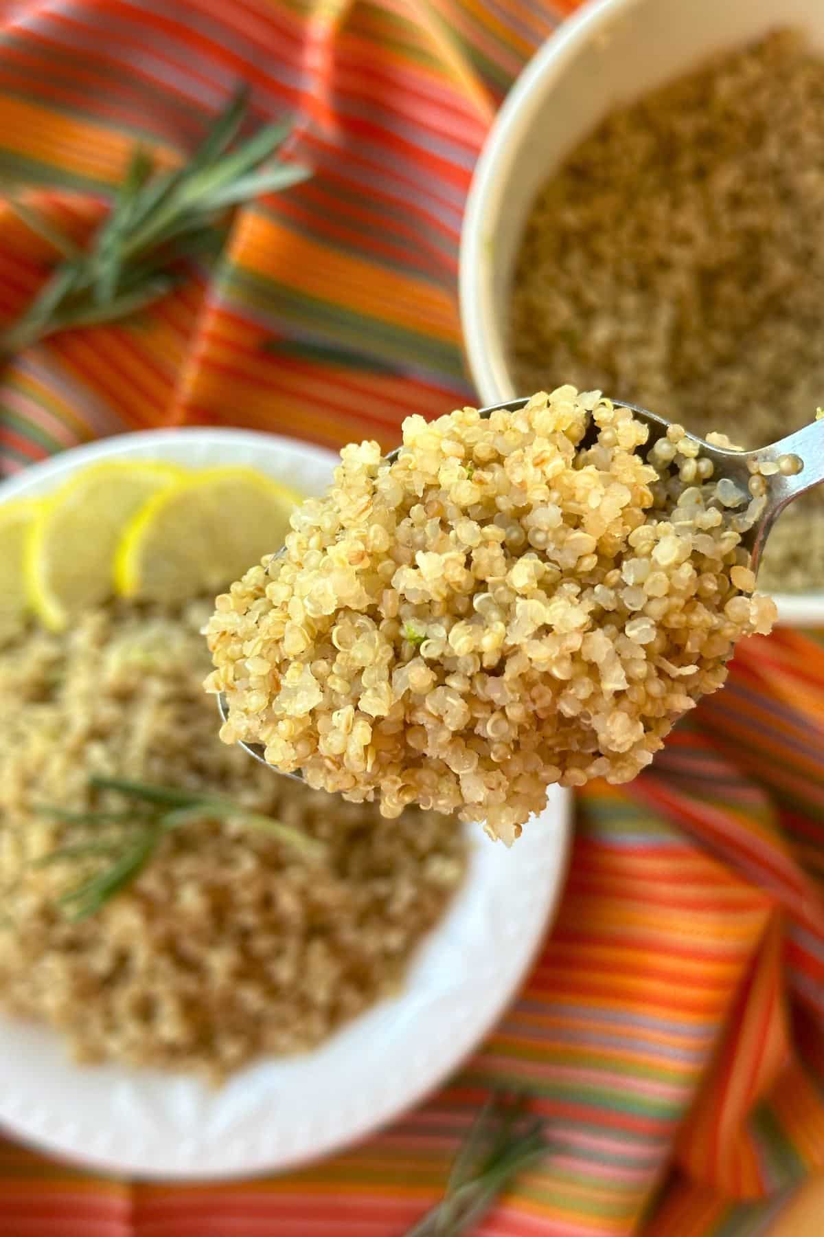 Lemon quinoa on a spoon with a bowl of quinoa in the background with lemon slices and a sprig of rosemary on top.