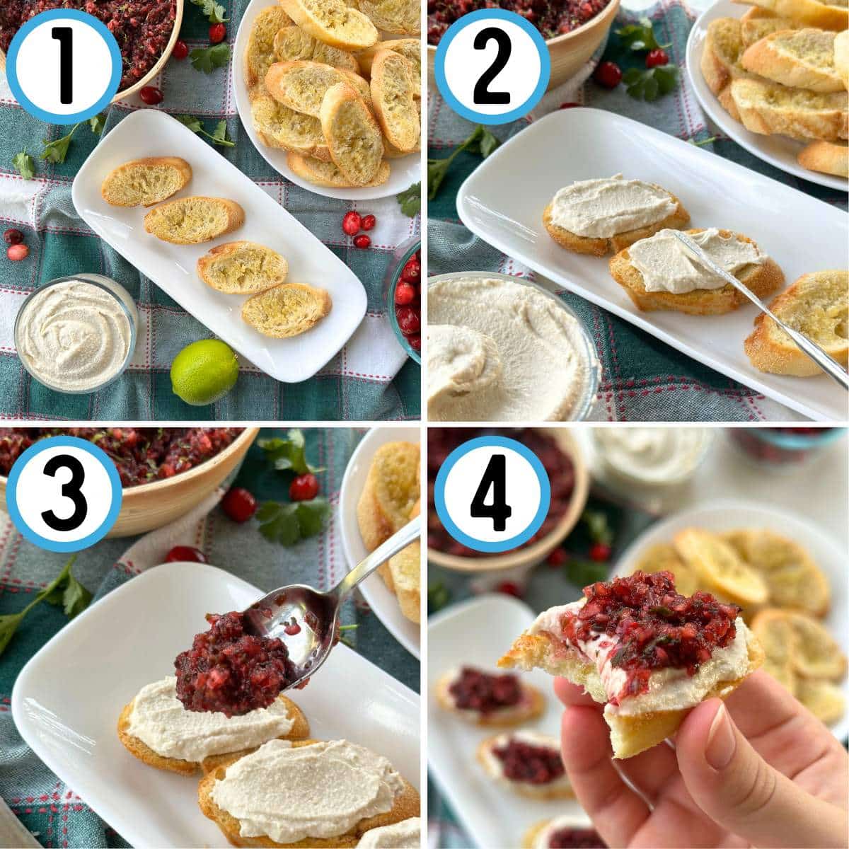 Step-by-step guide to assembling cranberry crostini. 1. 4 crostini on a serving platter. 2. Spreading cream cheese over crostini. 3. Spooning salsa over the cream cheese. 4. Bite taken out of crostini appetizer.