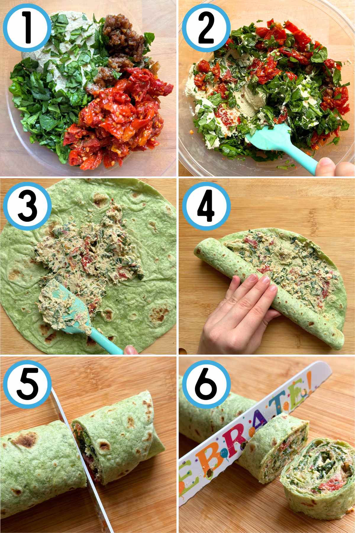 Step-by-step guide to making tortilla pinwheels. 1. All filling ingredients in a bowl. 2. Mixing filling ingredients. 3. Spreading the filling over a green tortilla. 4. Rolling the tortilla tightly. 5. Cutting the ends off the tortilla. 6. Slicing the pinwheels.