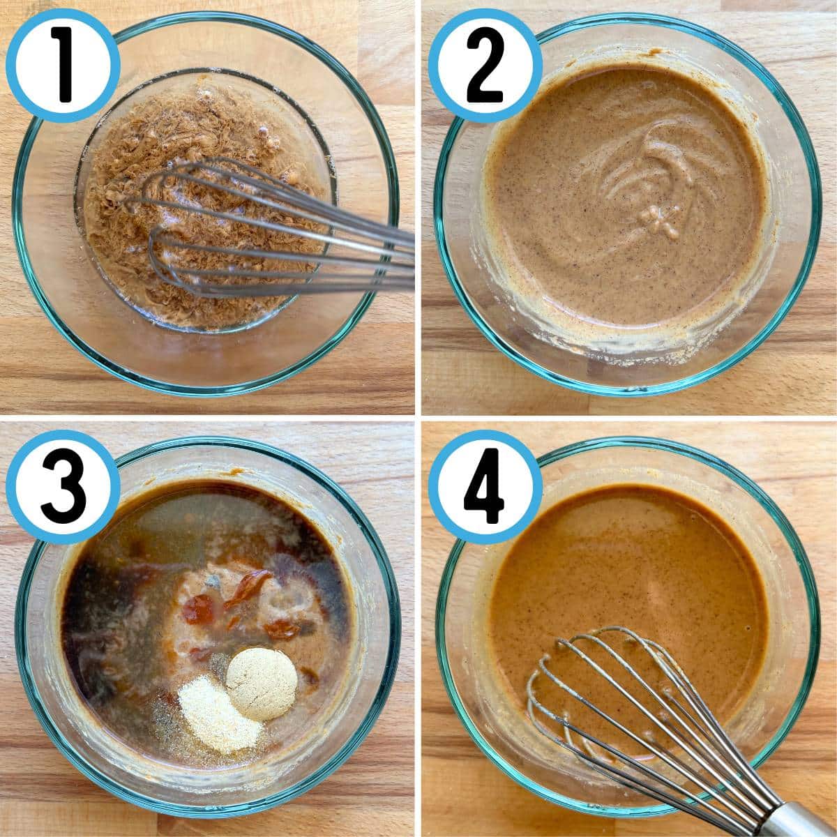 Step by step guide to making almond sauce. 1. Combine water and almond butter. 2. Whisk until your reach a smooth consistency. 3. Add remaining ingredients. 4. Whisk until the smooth almond sauce is formed.