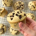 Hand holding a vegan chocolate chip muffin with more in the background on a wire rack.