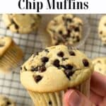 Photo of vegan chocolate chip muffin in a hand with more in the background. Text reads "bakery style vegan chocolate chip muffins"