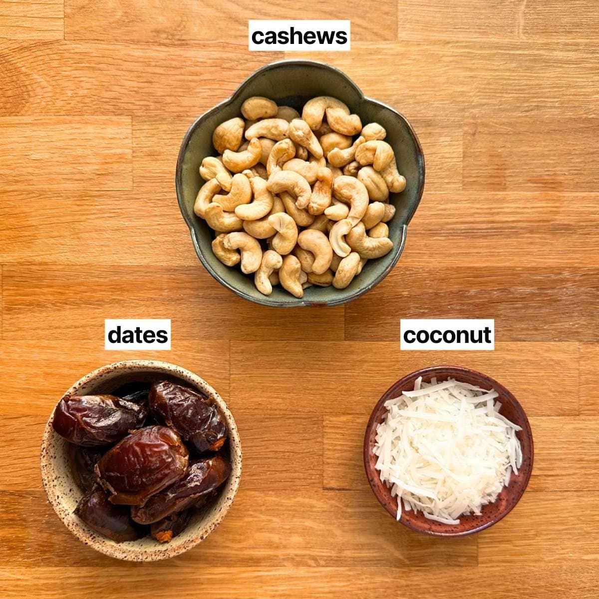 Ingredients with labels: cashews, dates, and coconut.