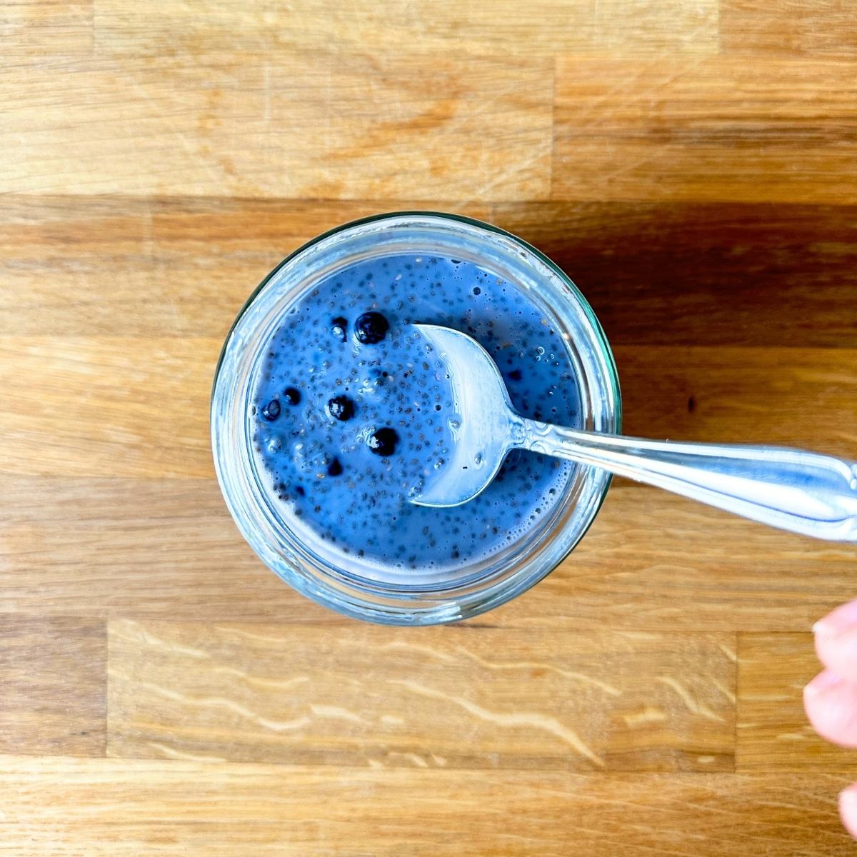 Chia pudding starting to gel together after a few minutes.