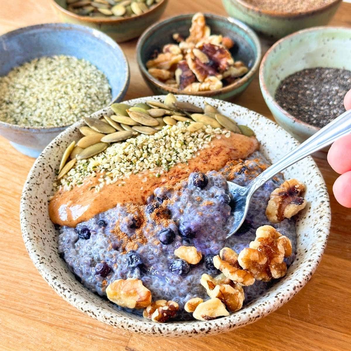 Chia pudding in a ceramic bowl topped with pumpkin seed, hemp hearts, almond butter, walnuts, and cinnamon.