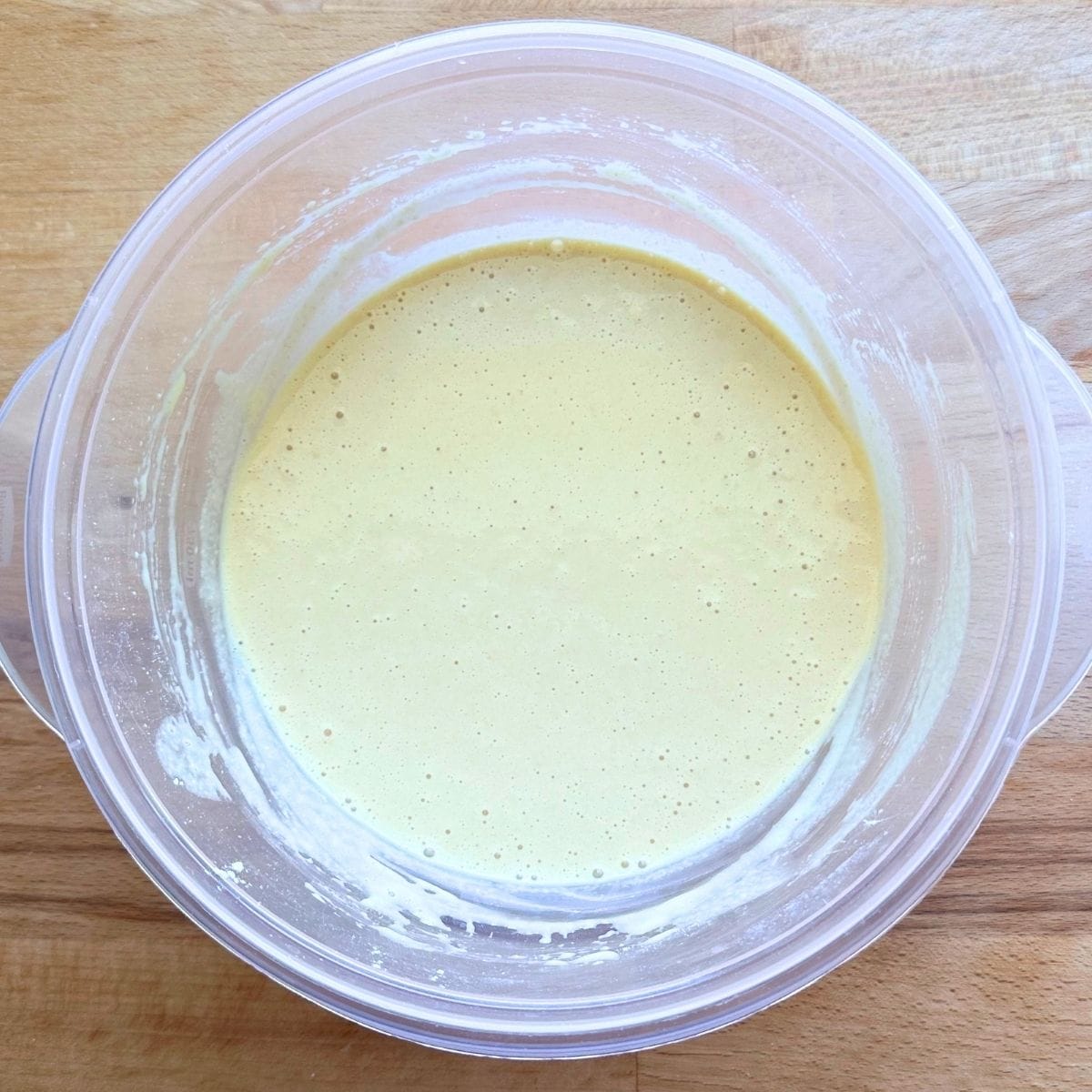 Chickpea flour tortilla batter mixed in a large plastic bowl.