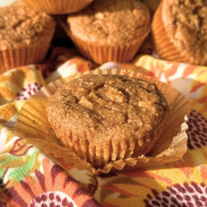 Vegan 3 ingredient apple muffin on top of a muffin liner with more fluffy muffins in the background.