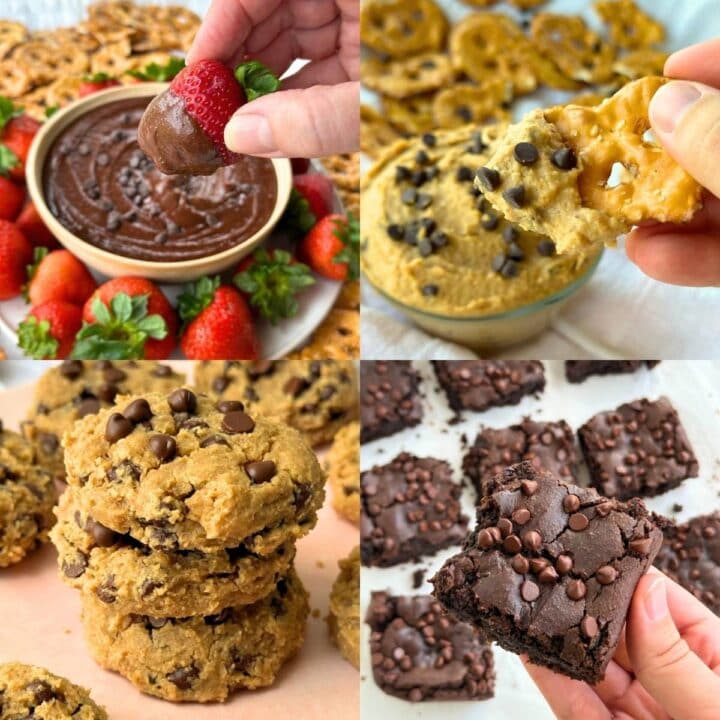 Collage of chickpea desserts (clockwise): strawberry dipped in brownie batter hummus; pretzel dipped in chickpea cookie dough; chickpea brownie, and stack of chickpea chocolate chip cookies.