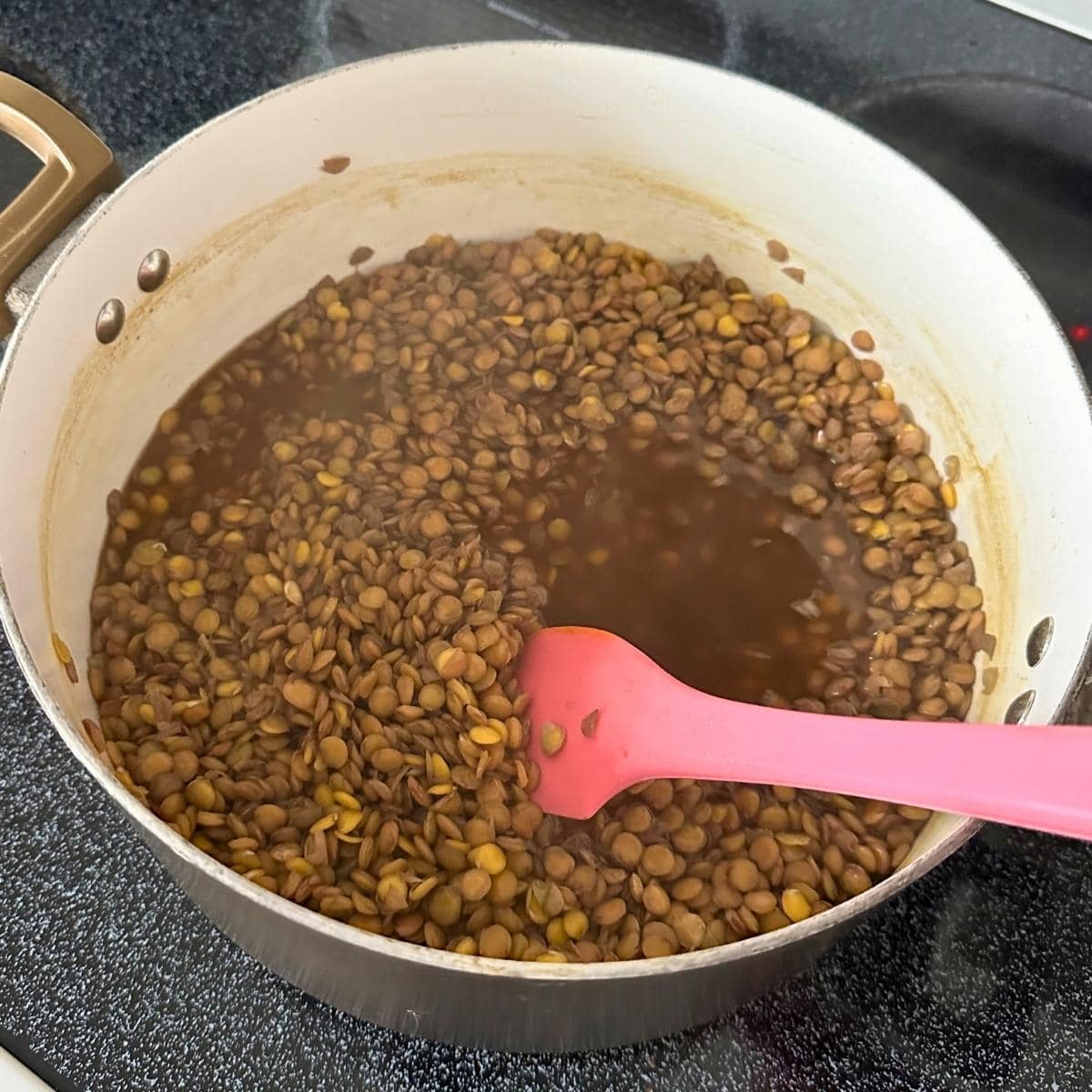 Cooked lentils in a large pot with some excess cooking water.